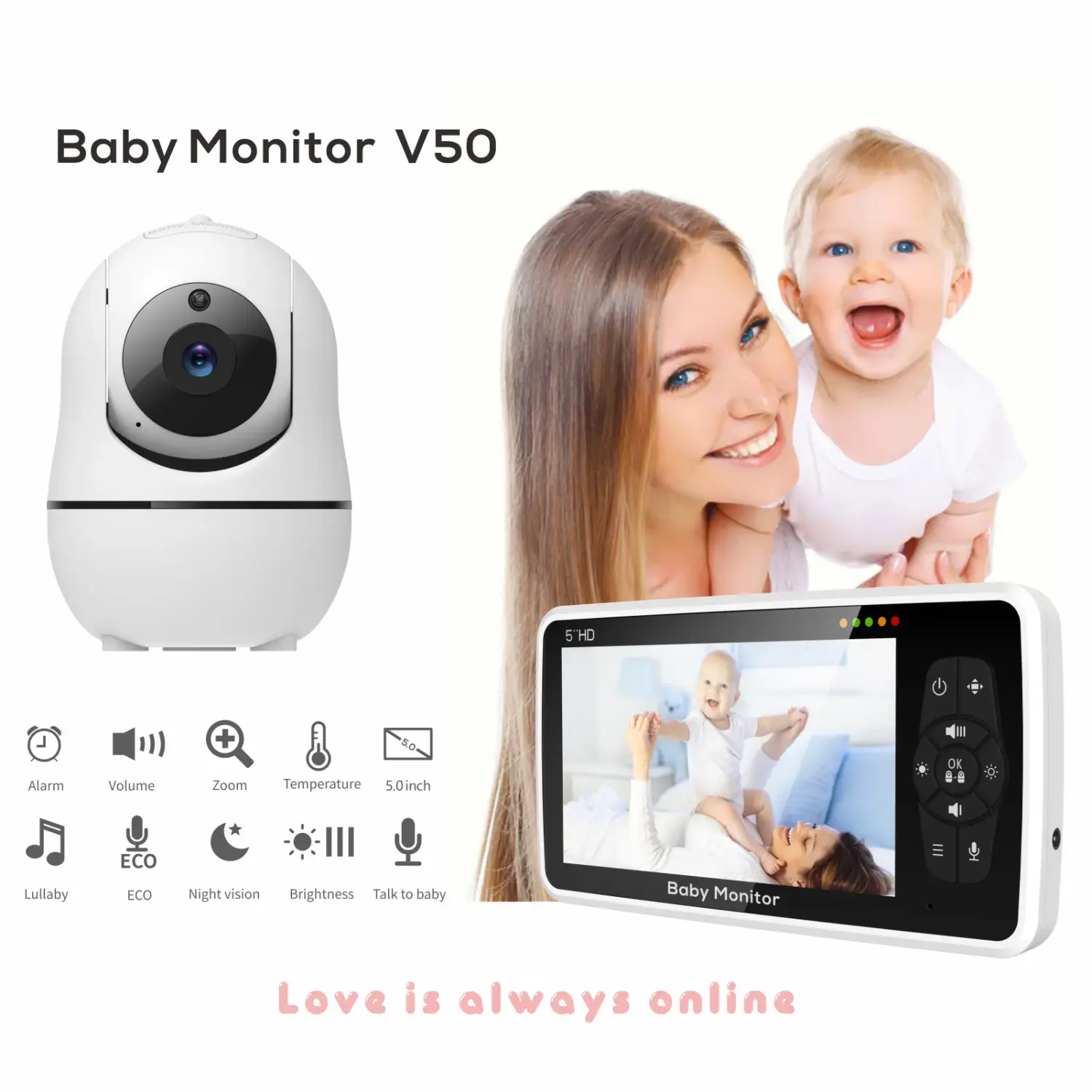 Baby monitor video da 5 pollici con fotocamera e audio,