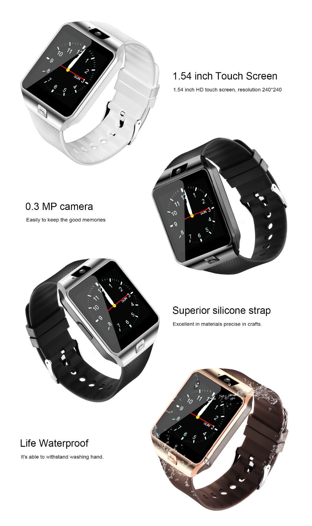 Smart Watch Bluetooth con SIM e supporto per schede di memoria