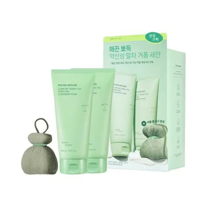 ROUND AROUND Comfort Schiuma Detergente Purificante al Tè Verde 200ml + 200ml + Matcha Bubble Ball (Doppio SET)